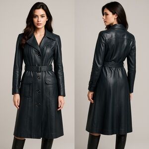 Ledaspain by Tropper Vintage Teal‎ Leather Belted Trench Coat Sz. 10(S/M)